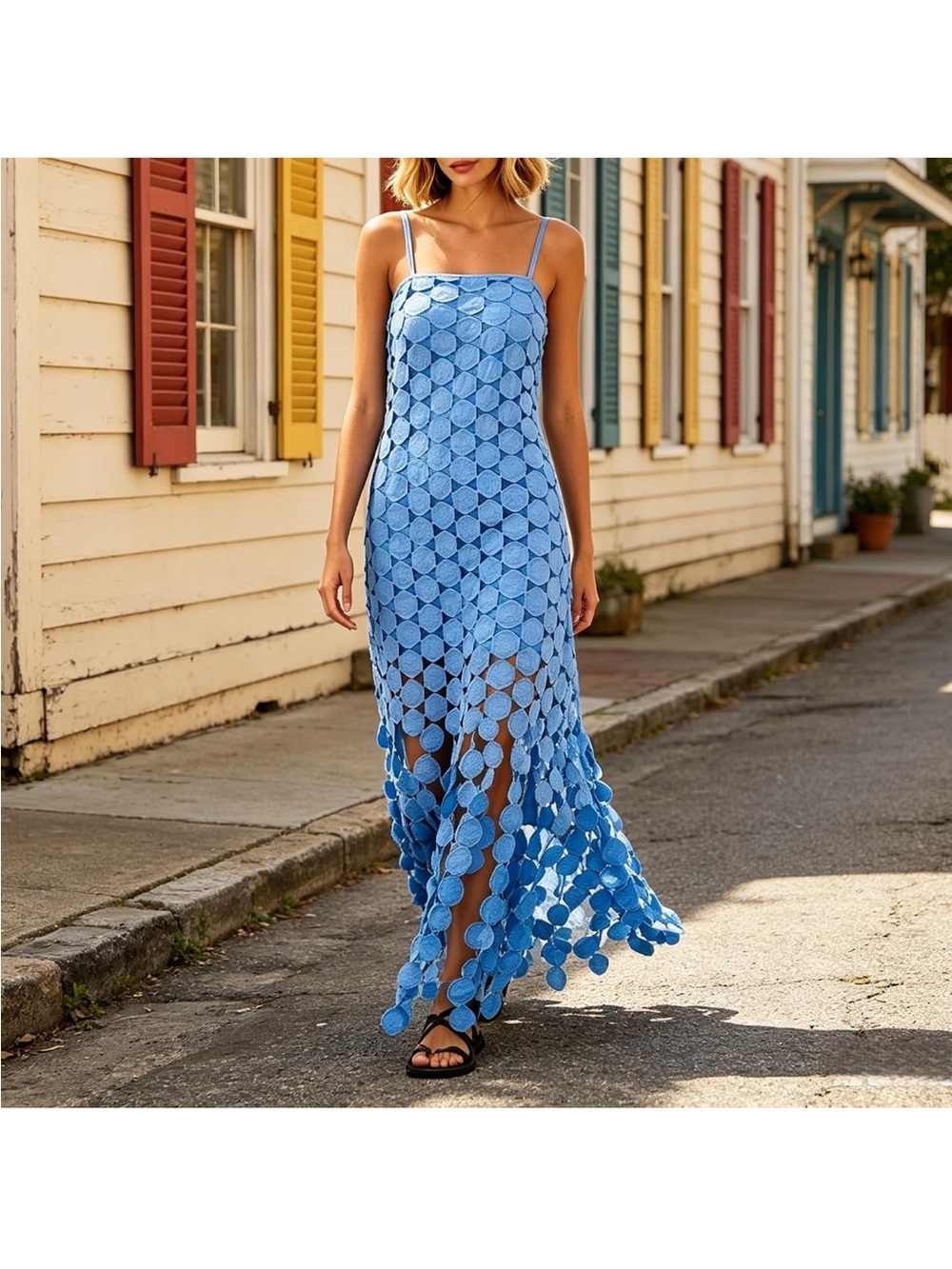 Spaghetti Strap Dress Dangling Circle Fringe